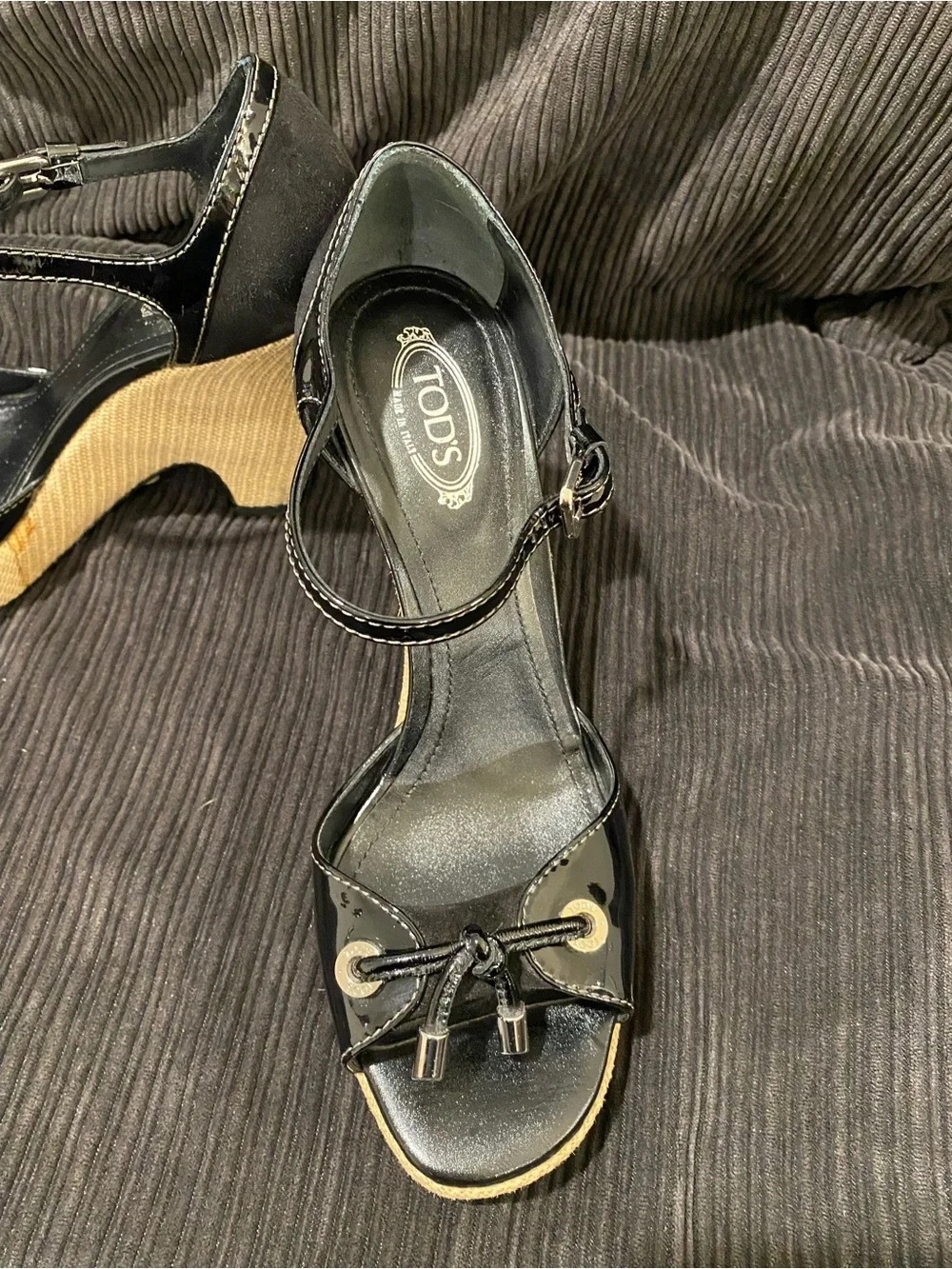 Tod's Black Patent Leather Wedge Sandals with Natural Woven Heel
